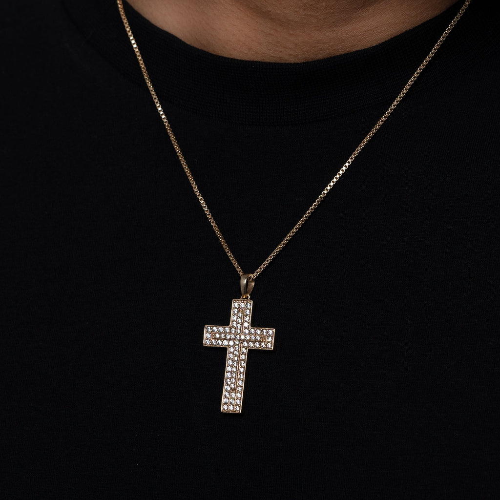 Iced Cross Pendant (Gold) + Box Chain - Eleos