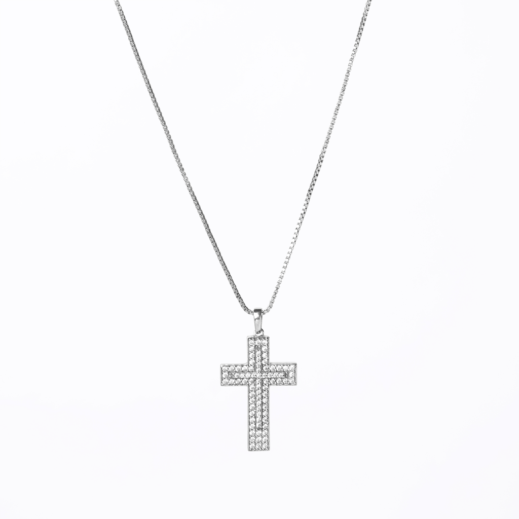Iced Cross Pendant (Silver) + Box Chain - Eleos