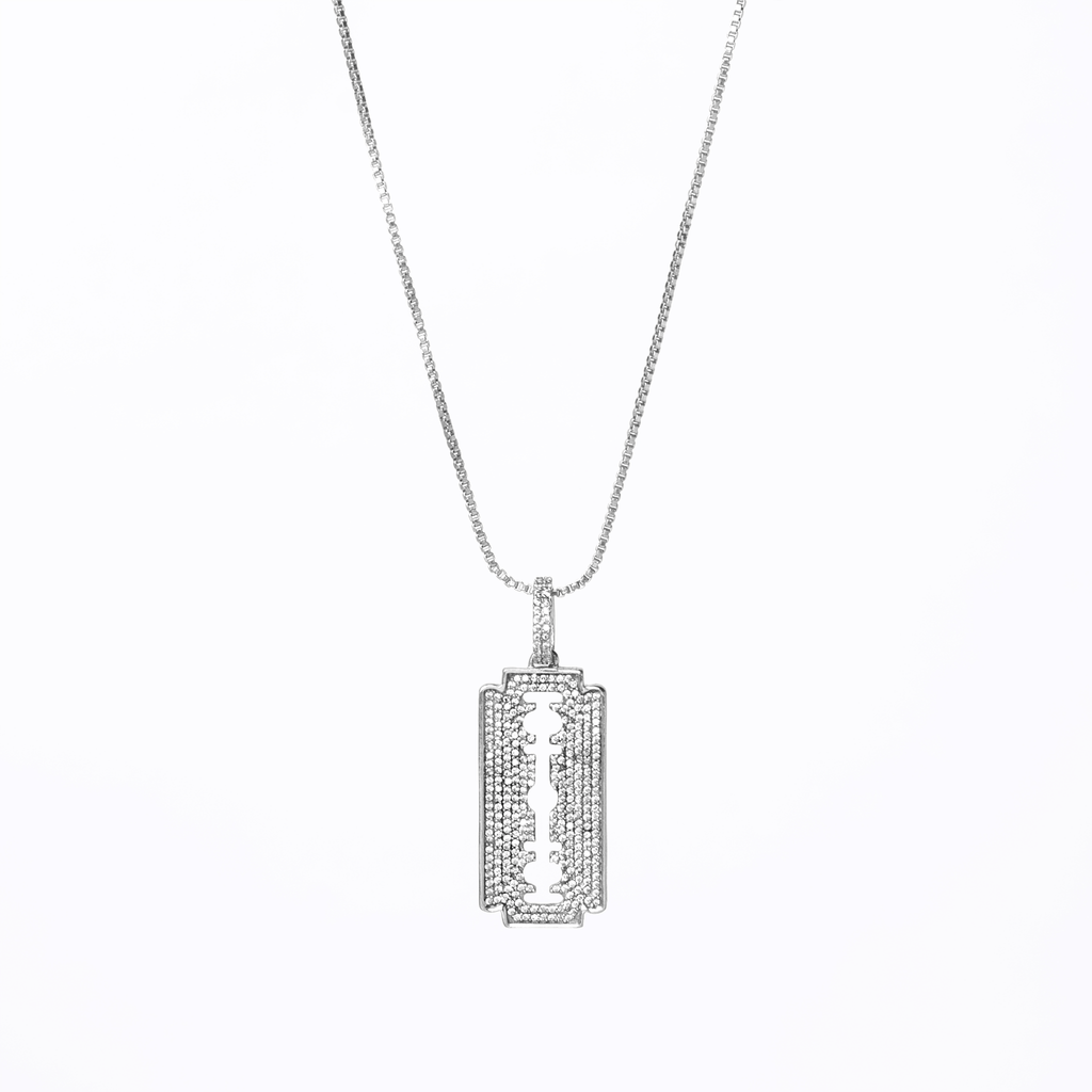 Iced Razor Blade Pendant (Silver) + Box Chain - Eleos