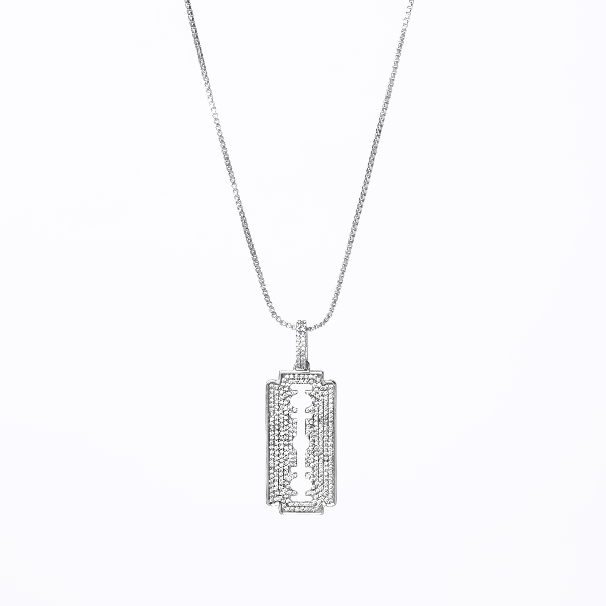 Iced Razor Blade Pendant (Silver) + Box Chain - Eleos